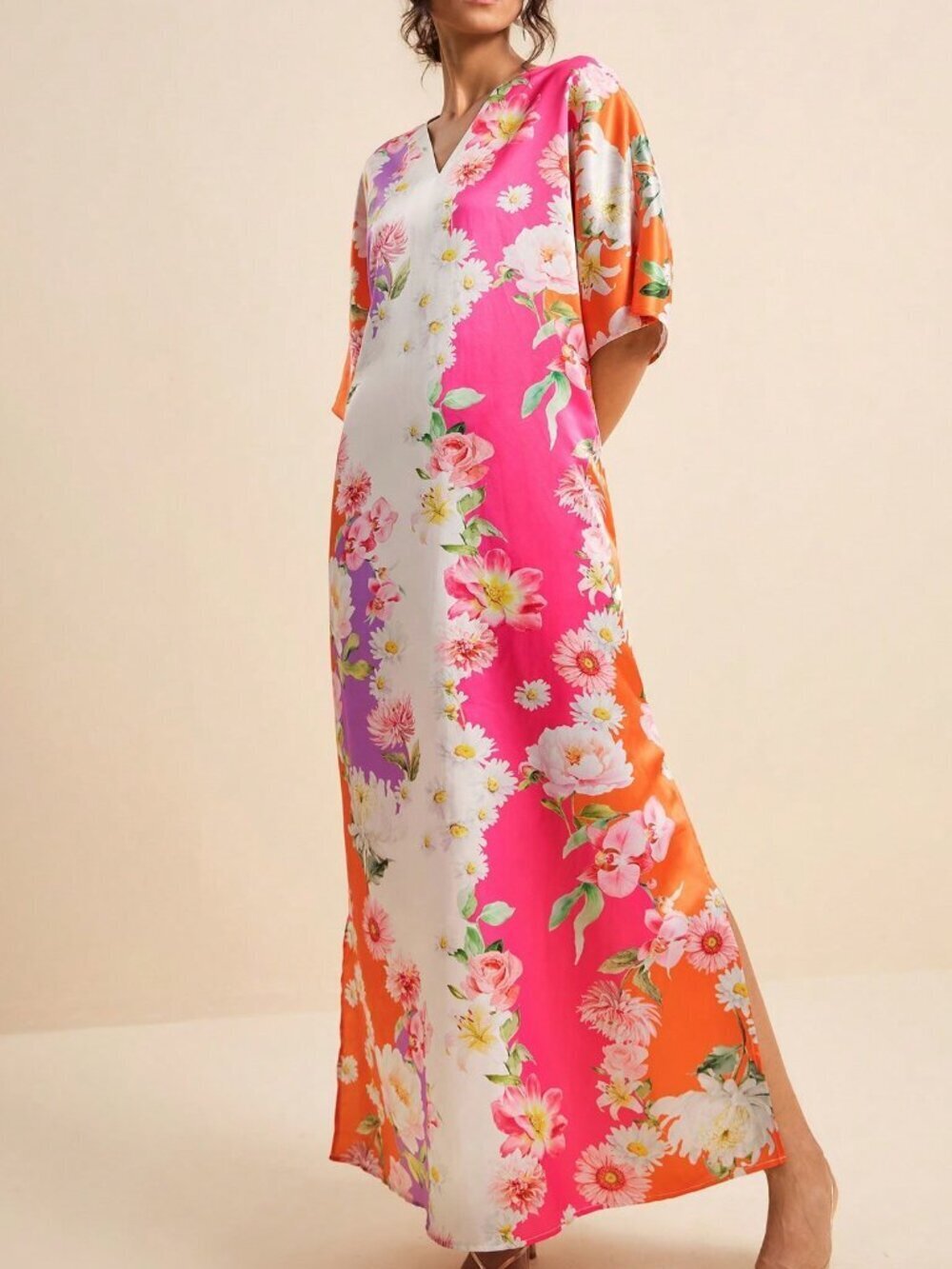 Multicolor Boho Tropical Floral Women's V-Neck Short Sleeve Printed Dress